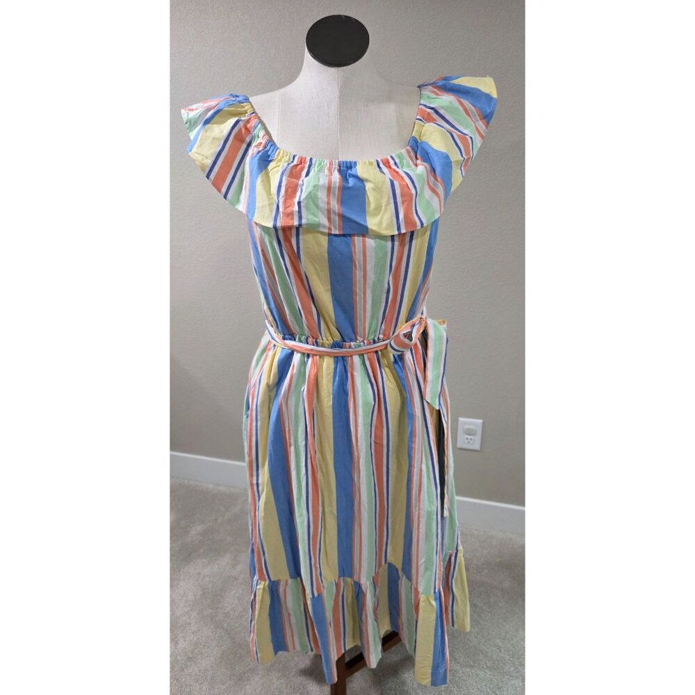 Striped Ruffle Off-Shoulder Dress With Waist Tie & Tiered Skirt - Multicolor L